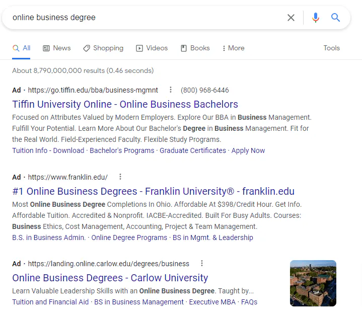 Capture d'écran des résultats des SERPs des annonces payantes