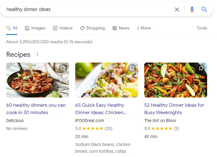 Capture d'écran des résultats de la SERP des recettes