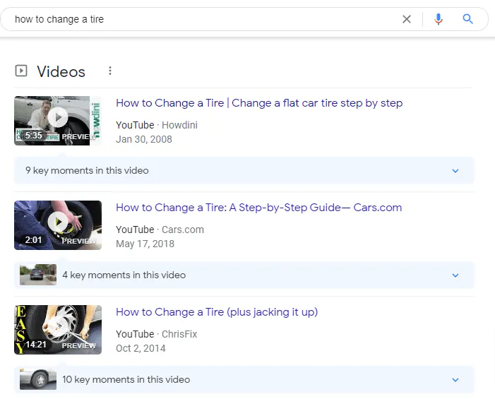Capture d'écran des résultats SERP des vidéos
