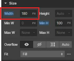 Le champ de la largeur des boutons est fixé à 180 sur le Webflow Editor, les autres valeurs ne sont pas modifiées.