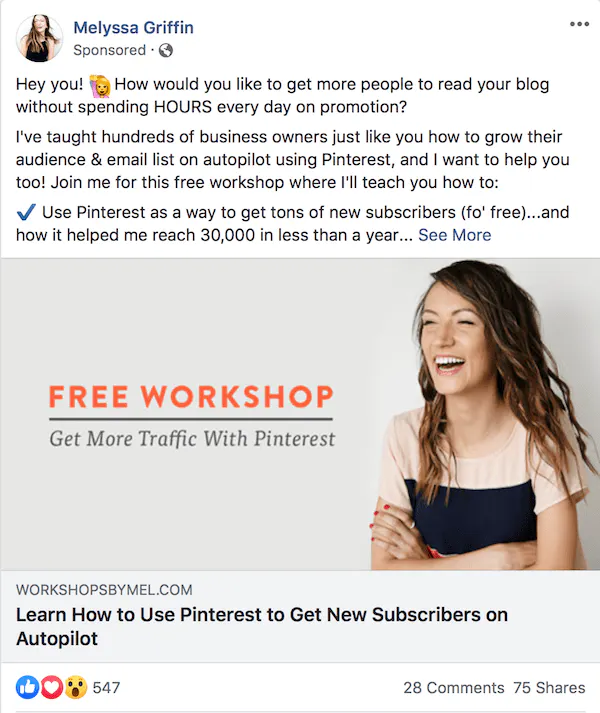 Melissa Griffin esempio di annuncio su Facebook