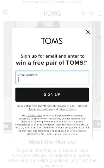 TOMS mobile popup