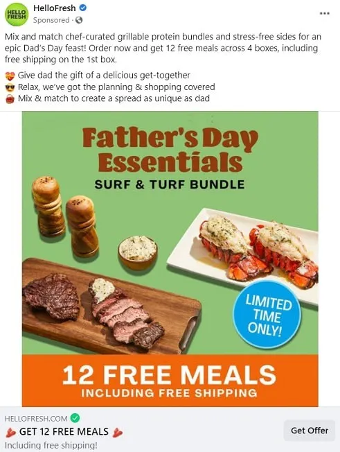 Anuncio de HelloFresh en Facebook para el Día del Padre