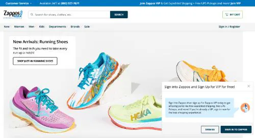 Exemplo de chamada à acção Zappos