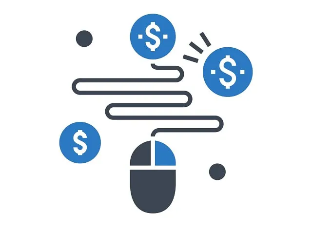 Ícone do rato do computador com sinais de dólar; conceito de custo por clique