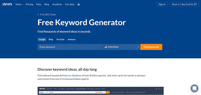 Generatore di parole chiave gratuito di Ahrefs