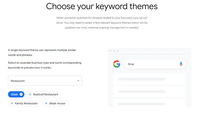 Google Ads - Captura de pantalla de los temas de palabras clave