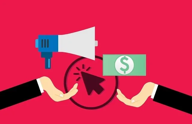 Hands with a click icon, dollar bill, and bullhorn