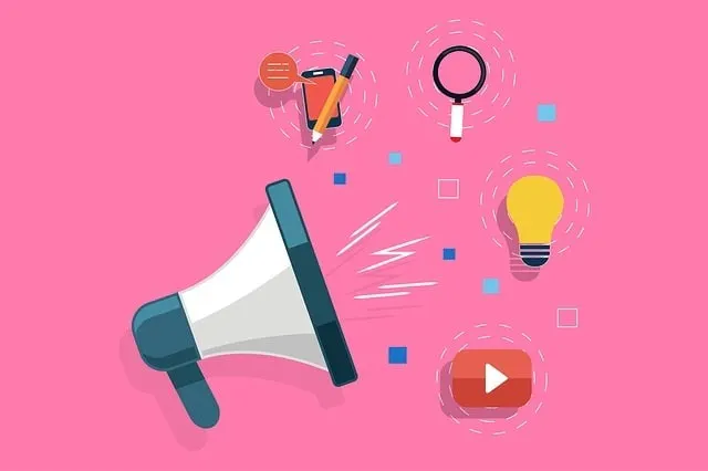 Bullhorn with social media, lightbulb, magnifying glass, mobile icons