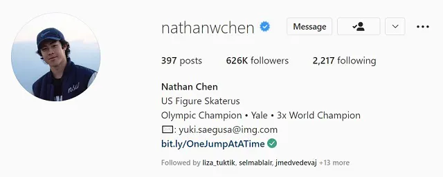 Nathan Chen Instagram-Profil blaues Häkchen