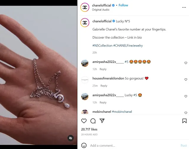Schermata del post da Chanel Instagram