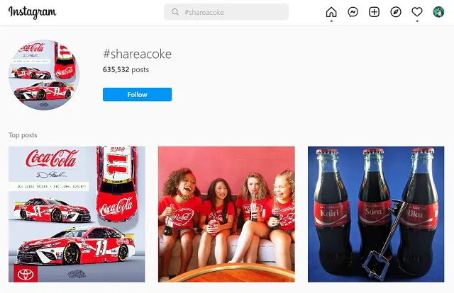 Screenshot dei risultati di #shareacoke su Instagram