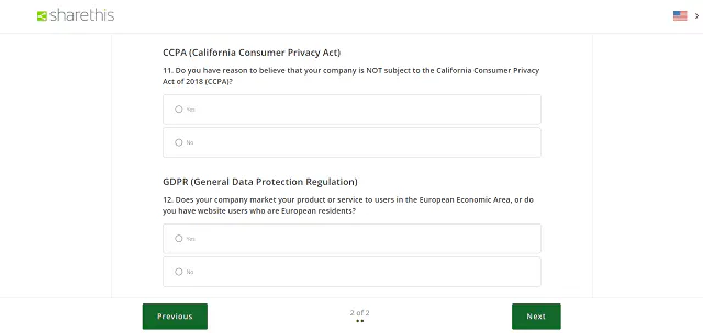 ShareThis Privacy Policy Generator screenshot CCPA and GDPR questions