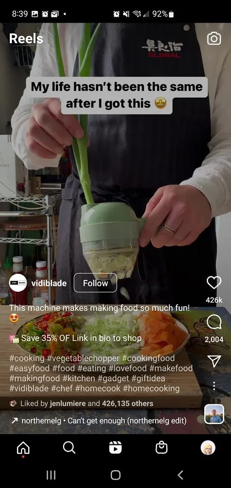 Instagram Reelsのハッシュタグのスクリーンショット(@vidibladeより