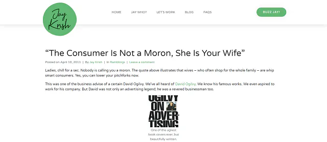 JayKrish.com ha utilizzato una citazione di David Ogilvy come titolo di un post del blog.