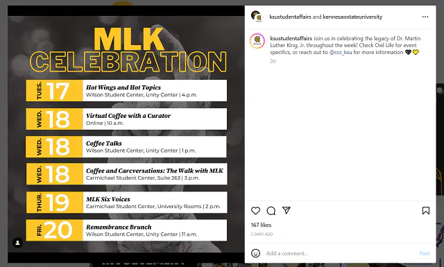 Screenshot della collaborazione Instagram di @ksustudentaffairs e @kennesawstateuniversity