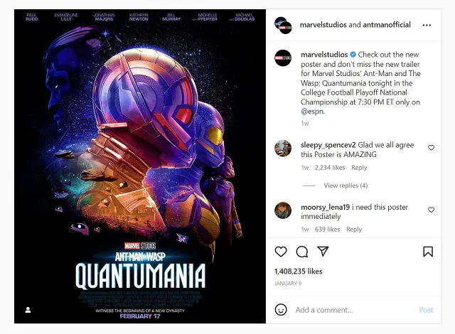 Screenshot della collaborazione Instagram di @marvelstudios e @antmanofficial