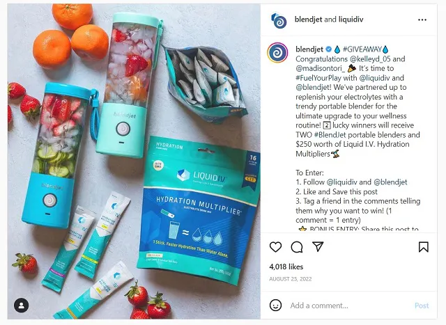 Captura de pantalla del sorteo de Instagram de @blendjet y @liquidiv