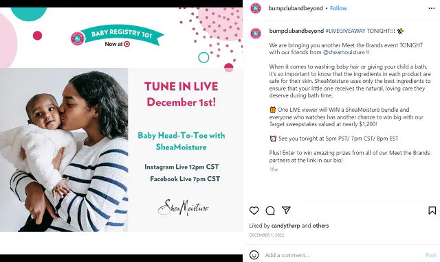 Captura de pantalla del sorteo de Instagram de @bumpclubandbeyond