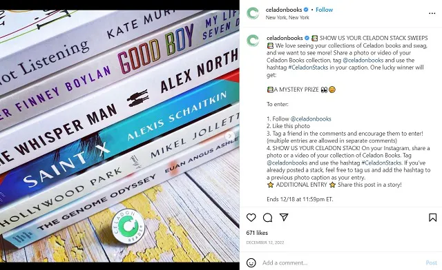 Captura de pantalla del sorteo de Instagram de @celadonbooks