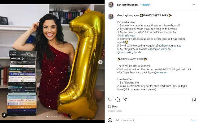 Captura de pantalla del sorteo de Instagram de @dancingthrupages