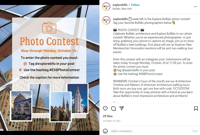 Captura de pantalla del sorteo de Instagram de @explorebflo