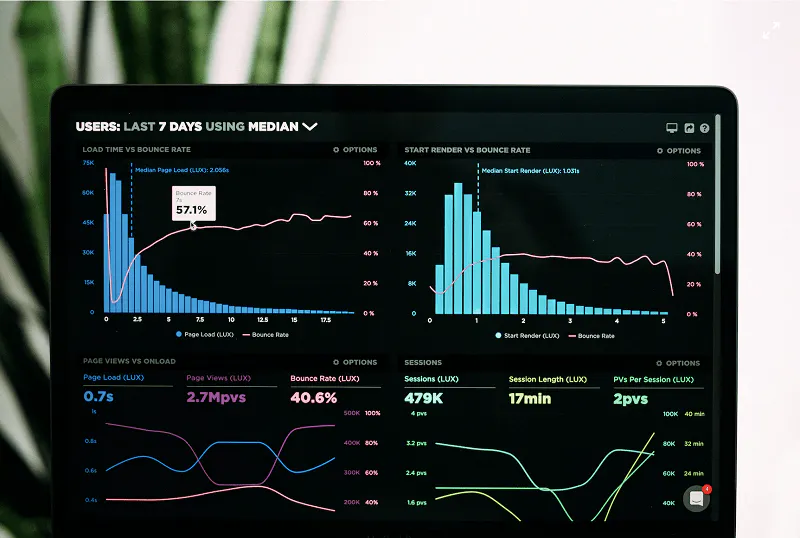 Laptop screen showing website and keyword research analysis and data visualizations