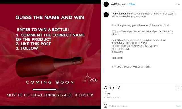 Captura de pantalla del sorteo de Instagram de @red90_liqueur