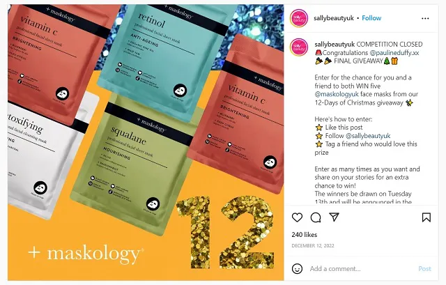 Captura de pantalla del sorteo de Instagram de @sallybeautyuk