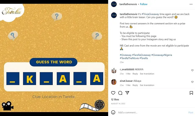 Captura de pantalla del sorteo de Instagram de @tarellathemovie