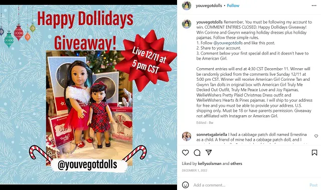 Captura de pantalla del sorteo de Instagram de @youvegotdolls
