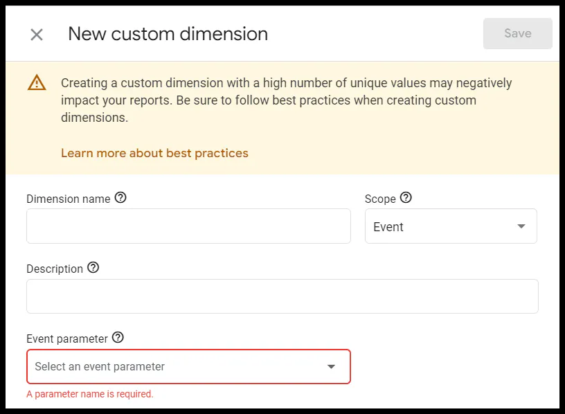 A screenshot of the screen to create a new custom dimension in GA4