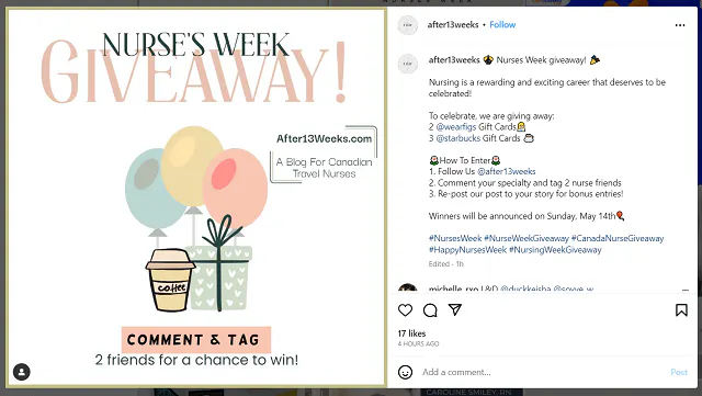 @after13weeks Settimana dell'infermiera Giveaway Schermata di Instagram